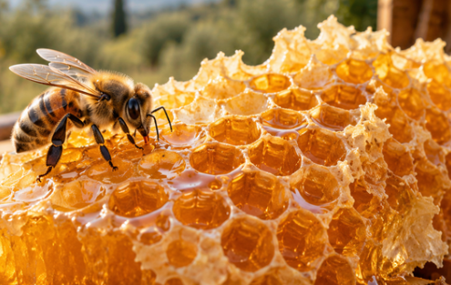 Abeille sur un rayon de miel en brèche aux alvéoles remplies de miel