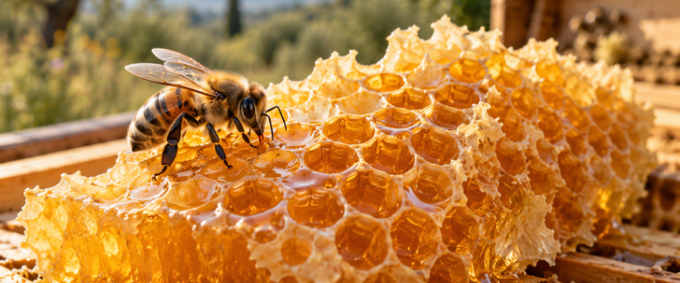 Abeille sur un rayon de miel en brèche aux alvéoles remplies de miel