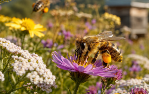 Abeille récoltant du pollen sur une fleur violette près d'un rucher