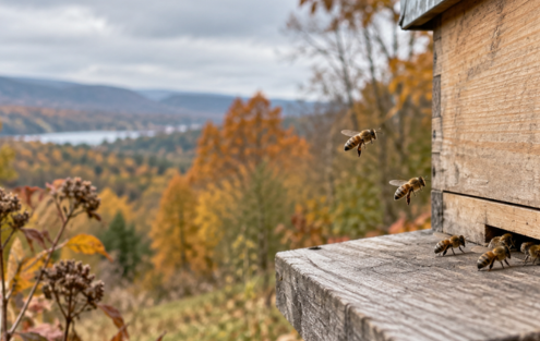 Abeilles sur les cadres d'une ruche en automne avant la période d'hivernage