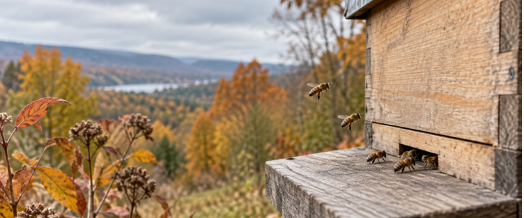 Abeilles sur les cadres d'une ruche en automne avant la période d'hivernage